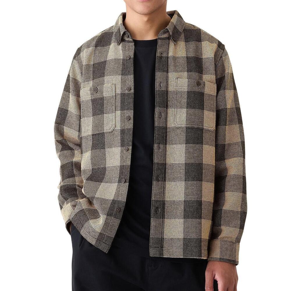 GAP Shirt L Black Khaki Buffalo Check Waffle Knit Flannel Button Up Long Sleeve